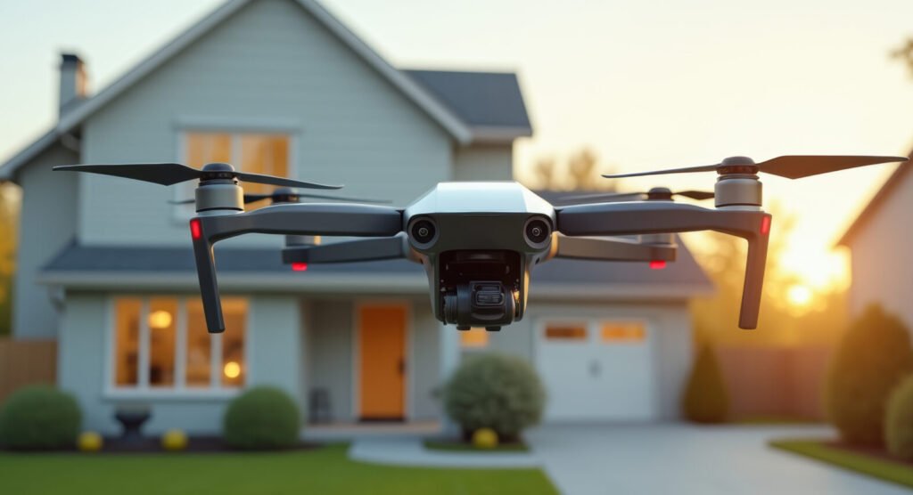 A drone captures aerial footage of a suburban home at sunset, showcasing modern technology in real estate and outdoor photography.
