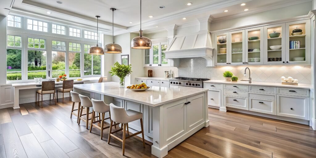 Bright White Elegant Kitchen Interior with Island - Stock Photo